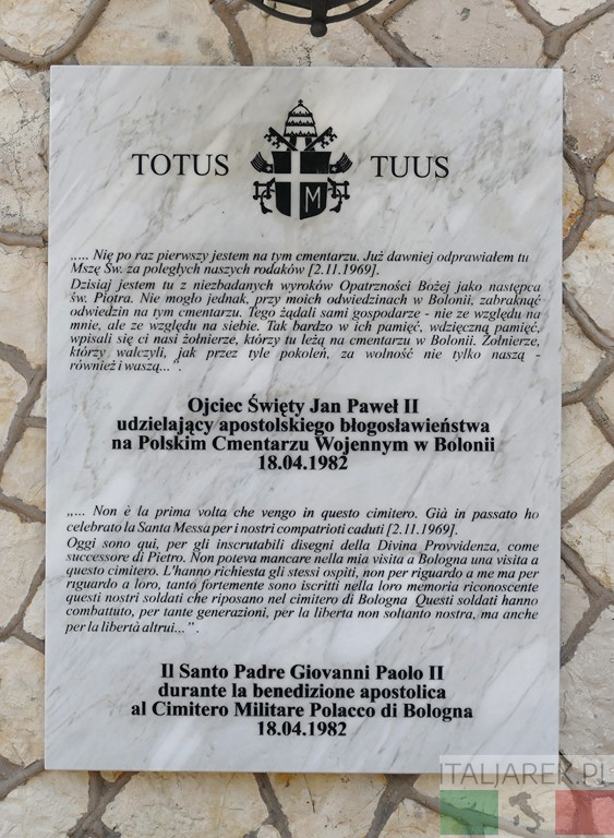 Św. Jan Paweł II - tablica na cmentarzu w Bolonii